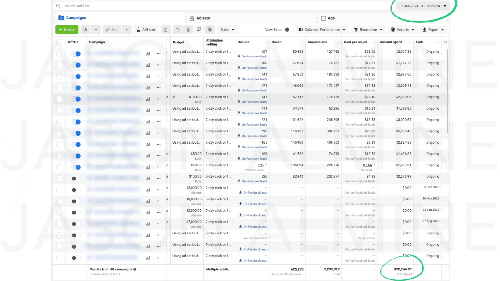 Meta Ads Manager showing 48 campaigns totalling $32,246.91 in January 2024