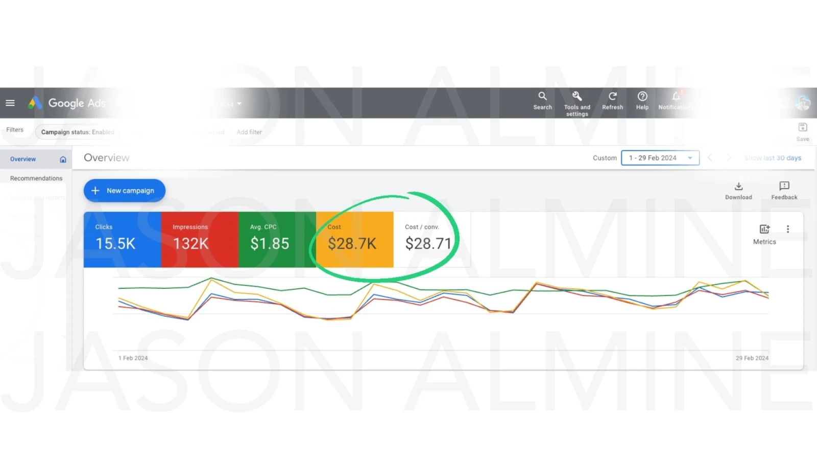 Google Ads overview showing $28.7K cost and $28.71 cost per conversion for February 2024