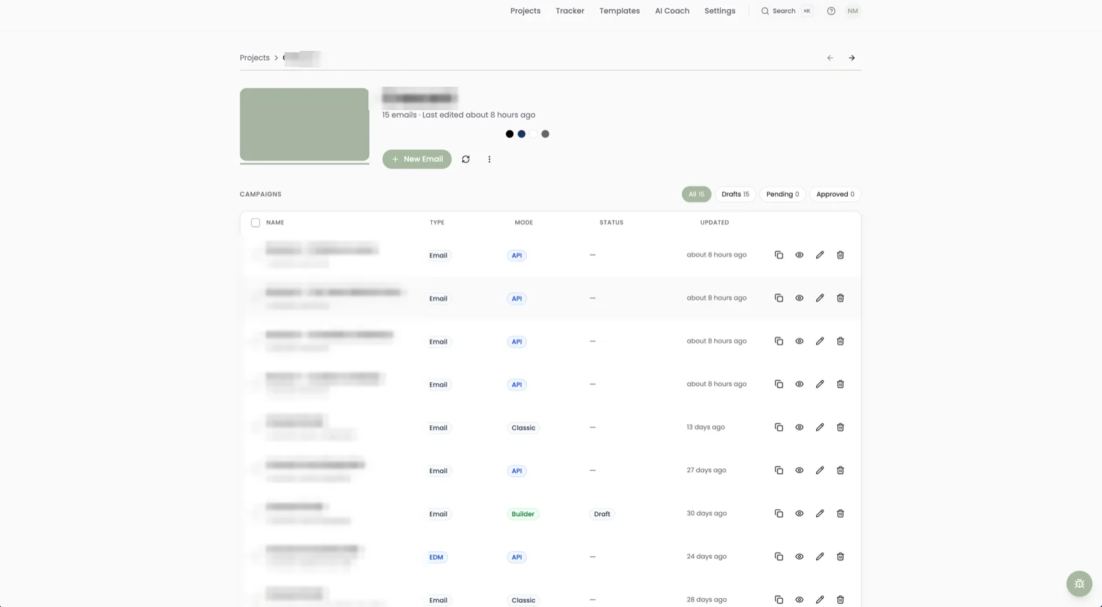Campaign manager listing emails with status and quick actions