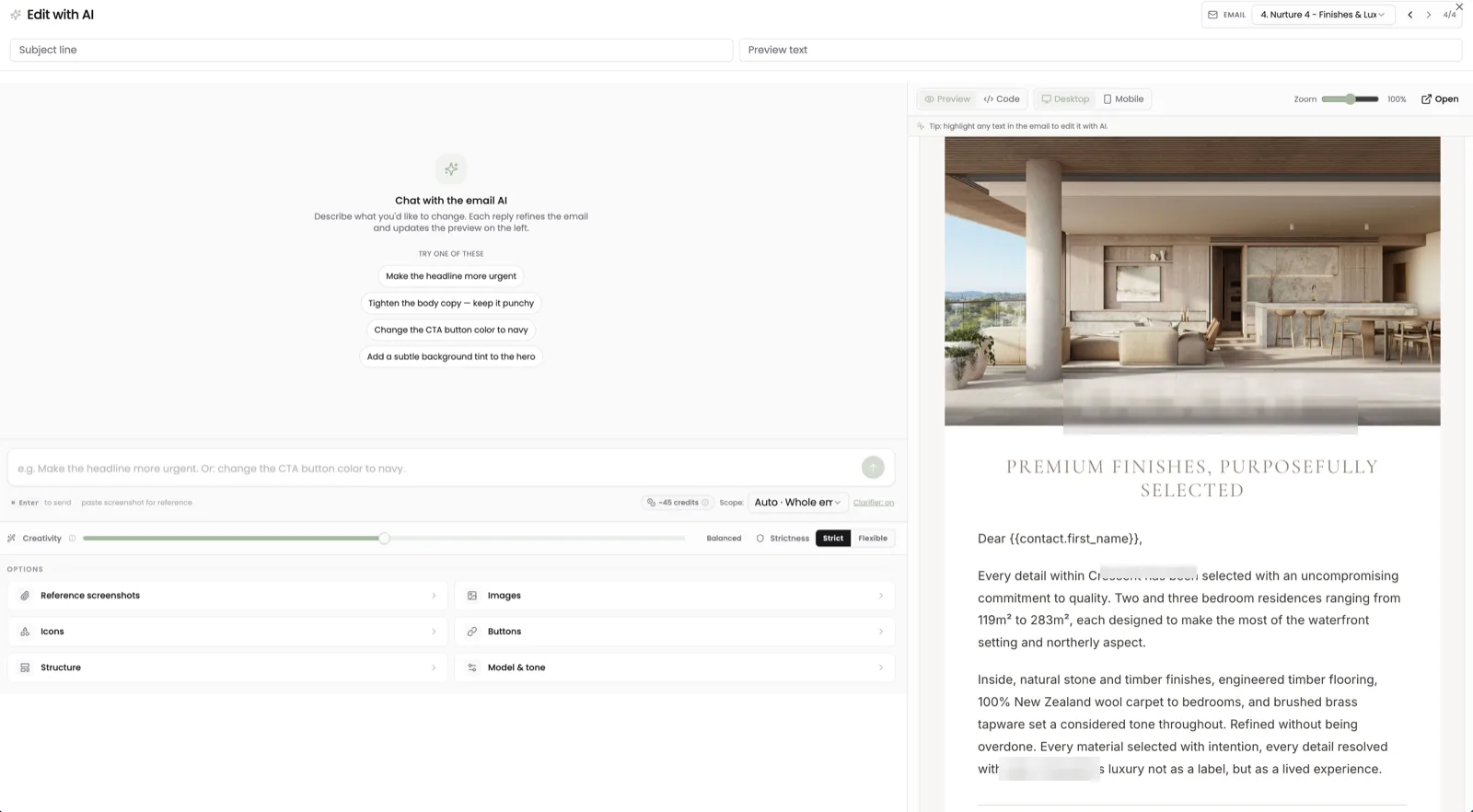 AI-assisted email editor with a live preview of a property email