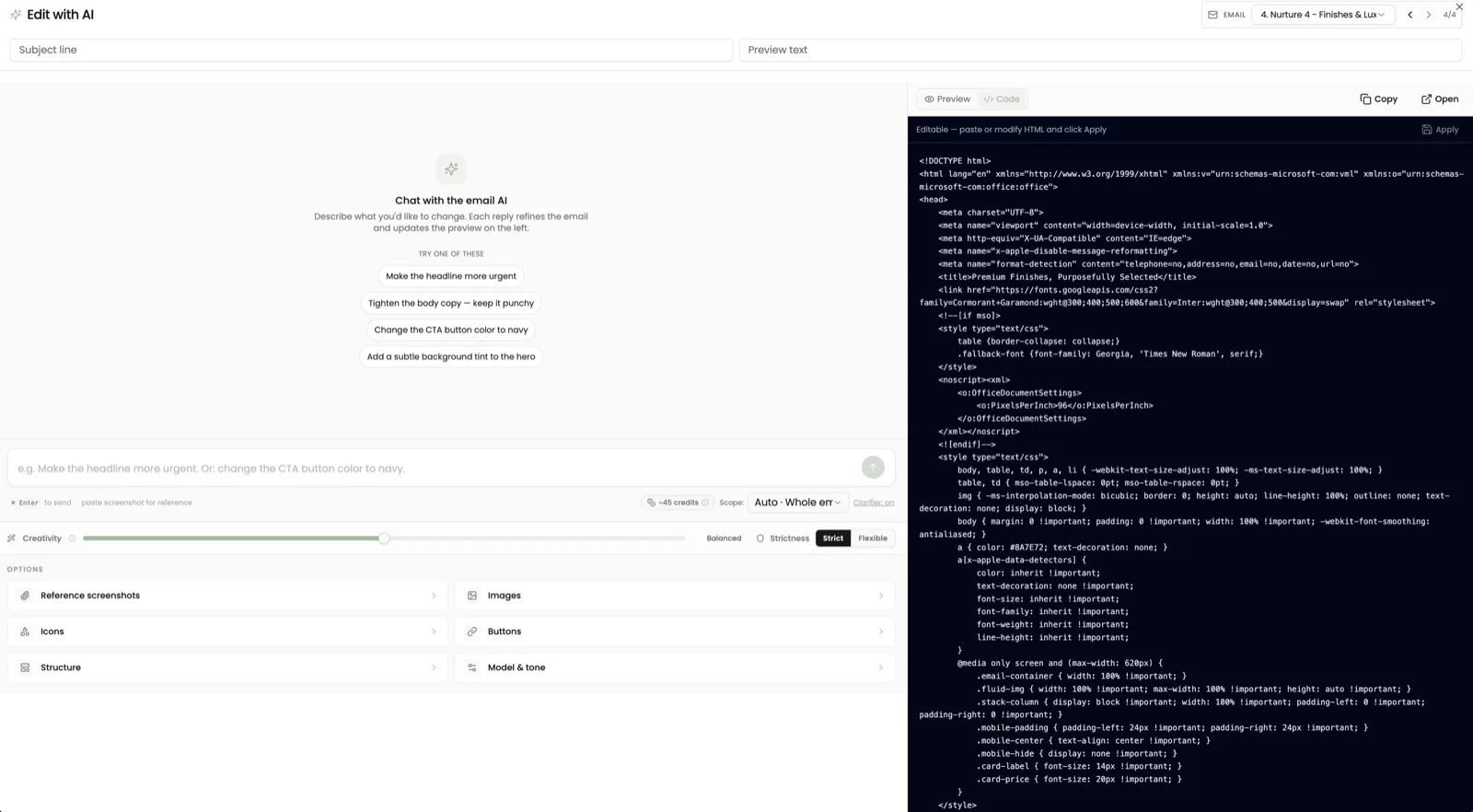 The AI editor showing the generated HTML output