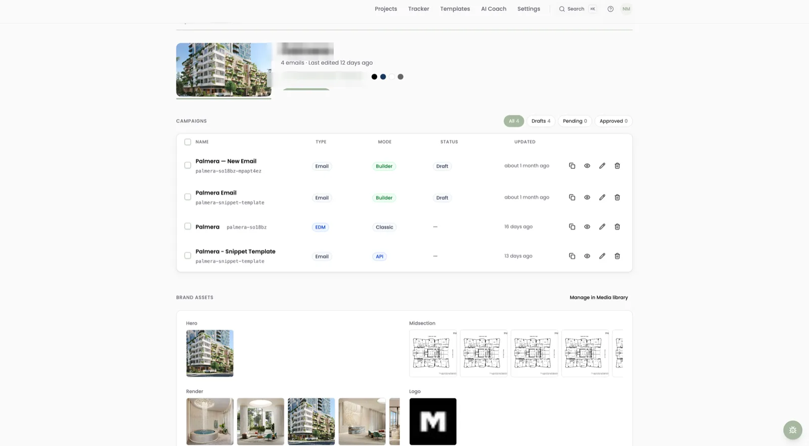 Per-project media library with renders and floorplans