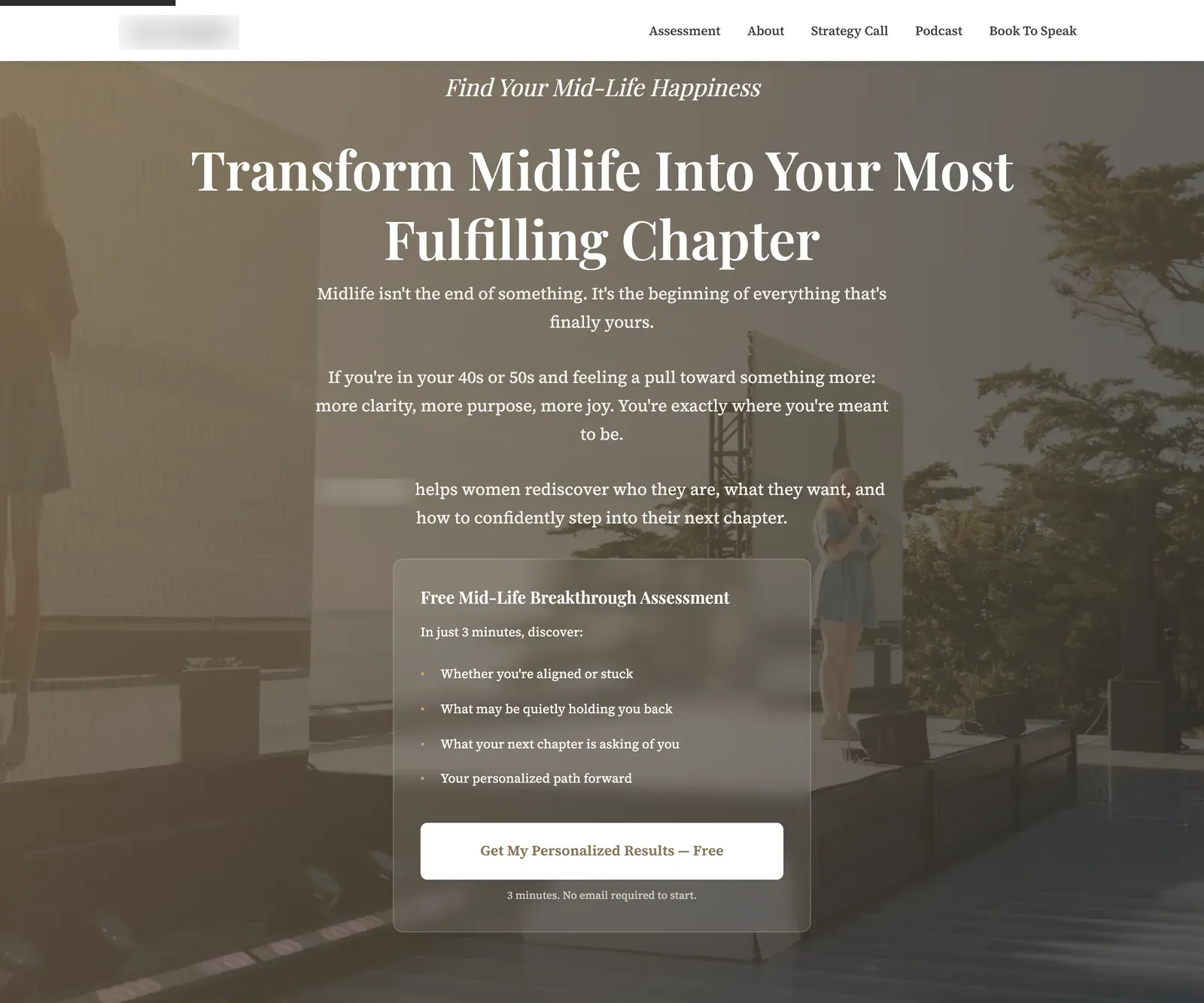 Assessment funnel landing page for a midlife coaching brand