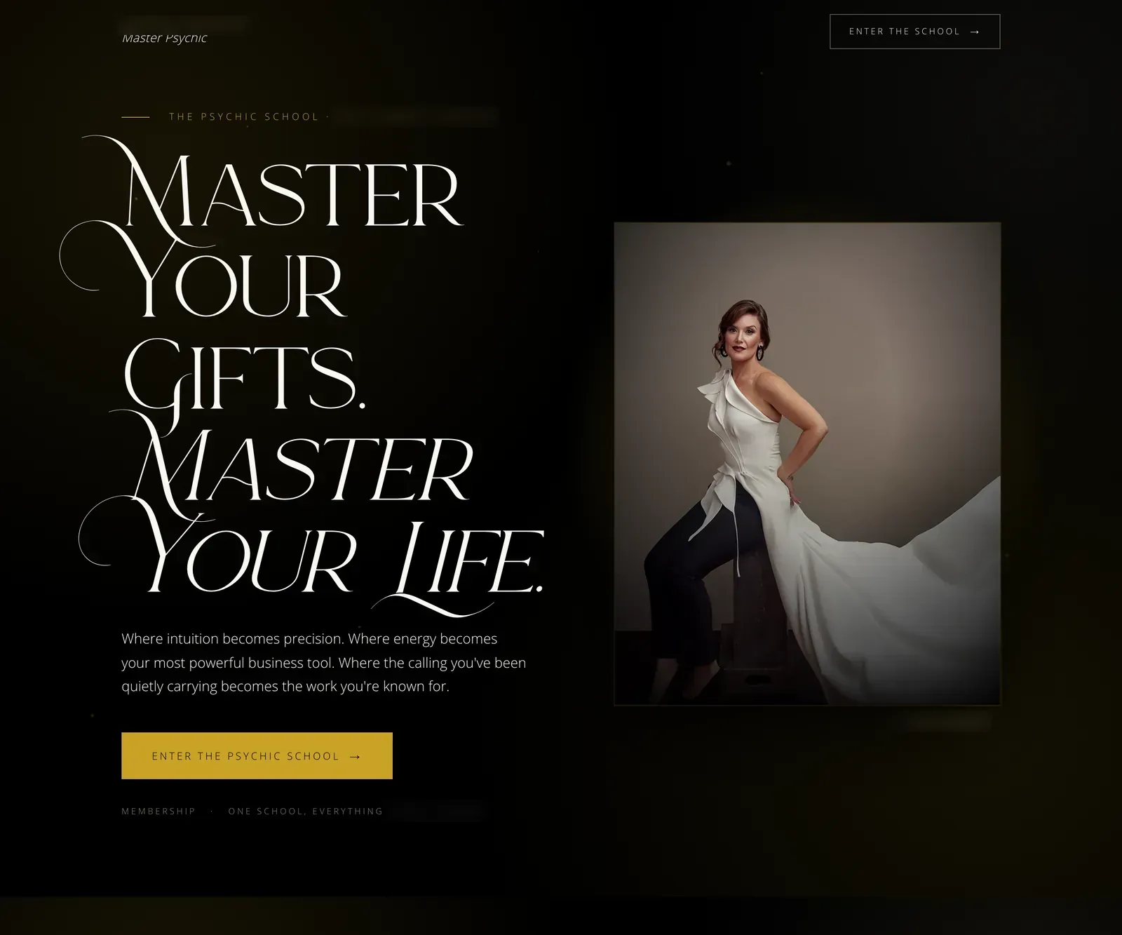 Dark editorial sales page hero for the flagship course funnel