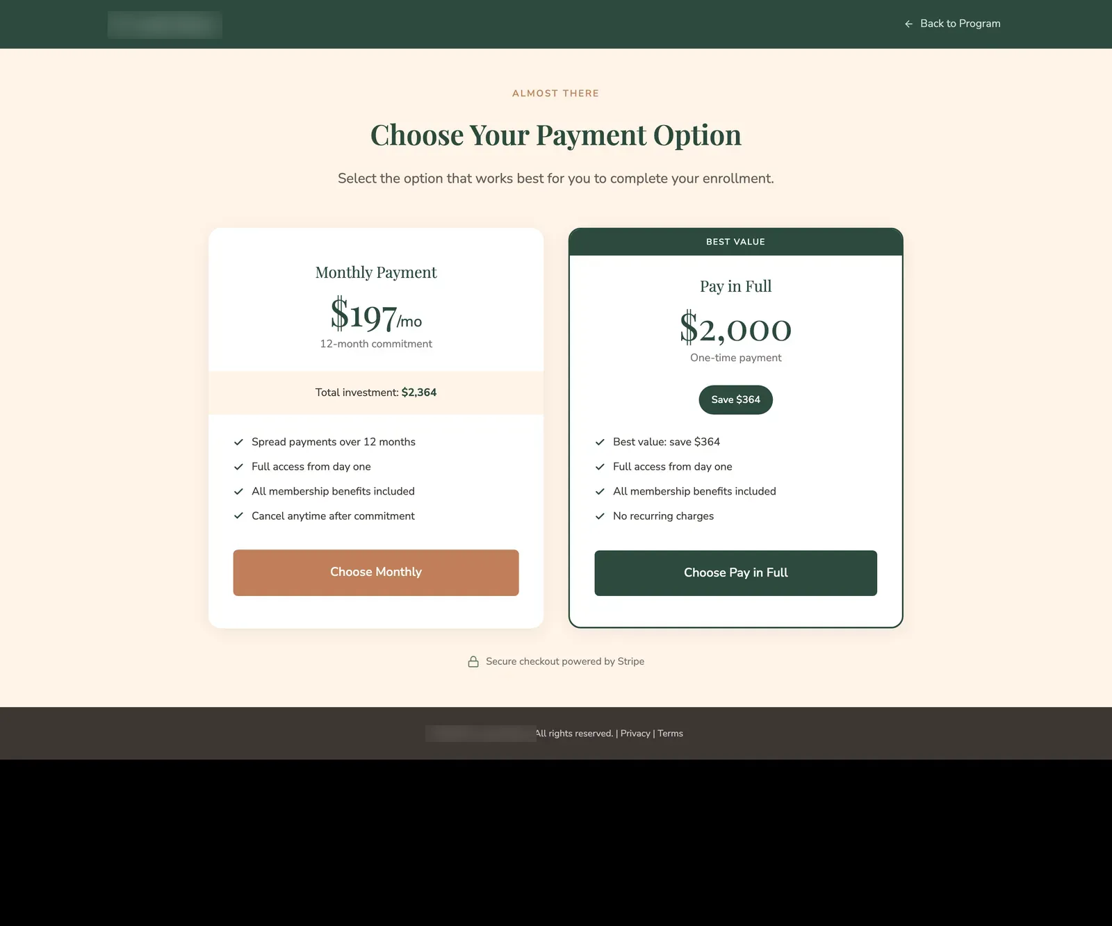 Membership payment step offering monthly or pay-in-full