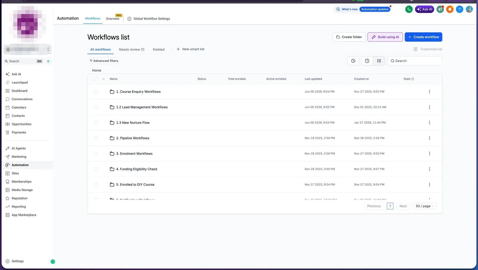 GoHighLevel workflow library organised into numbered folders
